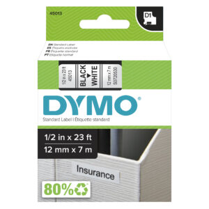 Standard D1 Labeling Tape for LabelManager Label Makers, Black Print on White Tape, 1-2'' W x 23' L, 1 Cartridge