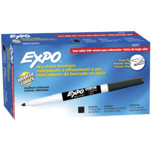 Low Odor Dry Erase Markers, Fine Tip, Black, Box of 12