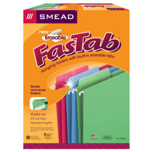 Erasable FasTab Hanging File Folder, 1-3-Cut Built-In Tab, Letter Size, Assorted Colors, Box of 18