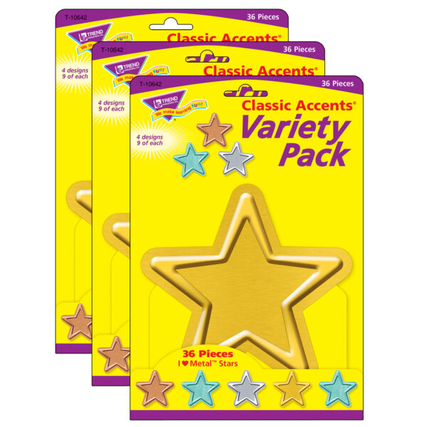 I ♥ Metal Stars Classic Accents Variety Pack, 36 Per Pack, 3 Packs