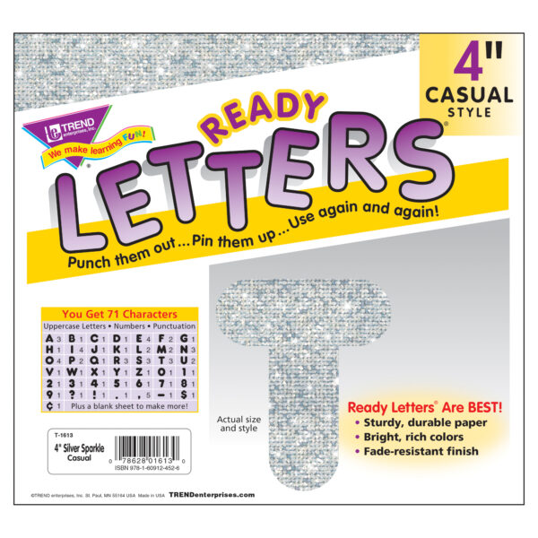 Silver Sparkle 4" Casual Uppercase Ready Letters, 71 Per Pack, 3 Packs