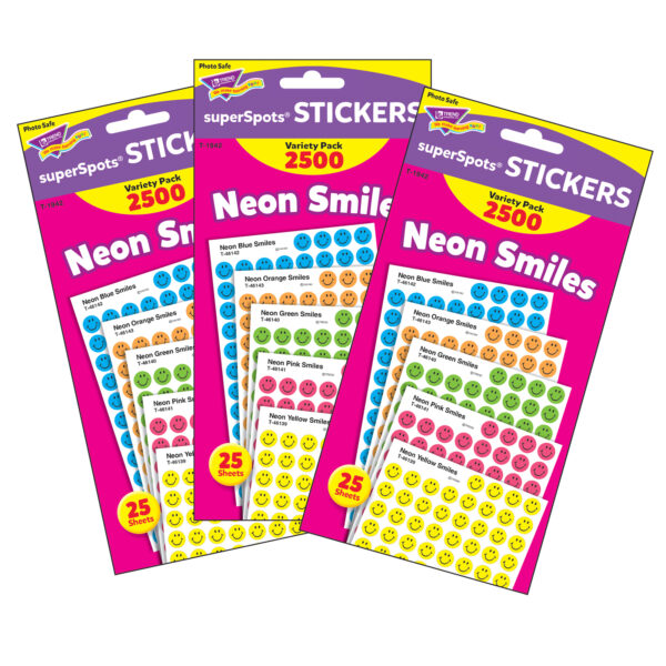 Neon Smiles superSpots Stickers Variety Pack, 2500 Per Pack, 3 Packs