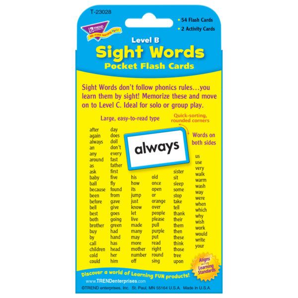 Sight Words  Level B Pocket Flash Cards, 6 Packs