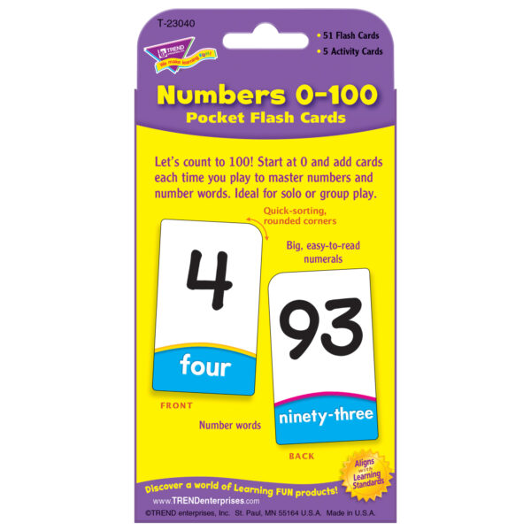 Numbers 0-100 Pocket Flash Cards, 6 Packs