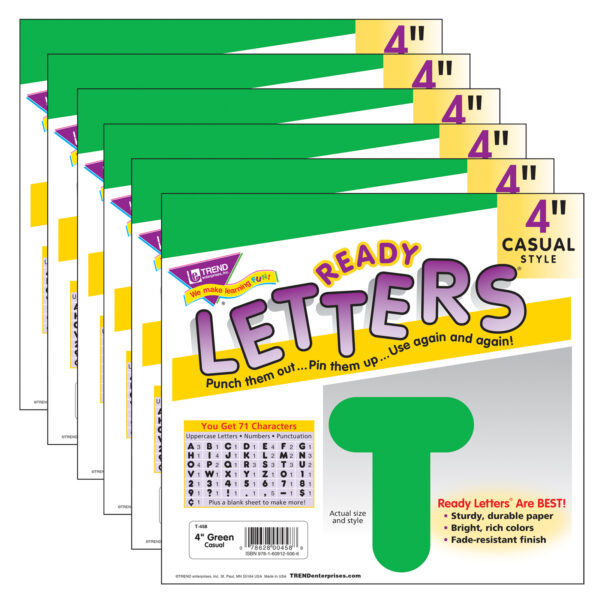 Green 4" Casual Uppercase Ready Letters, 6 Packs