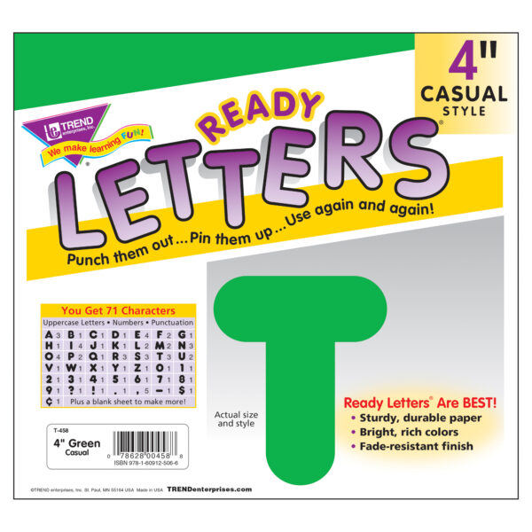 Green 4" Casual Uppercase Ready Letters, 6 Packs