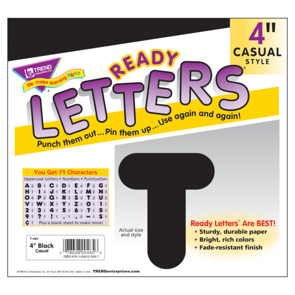 Black 4" Casual Uppercase Ready Letters, 6 Packs