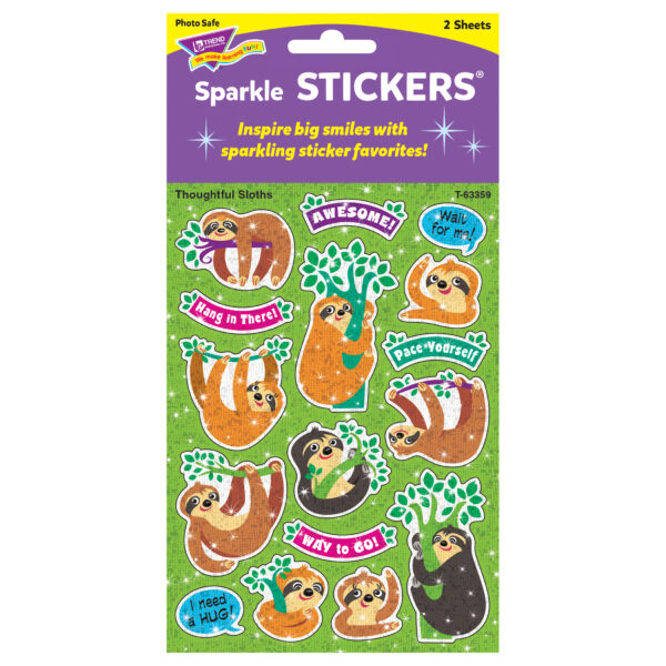 Thoughtful Sloths Sparkle Stickers, 32 Per Pack, 6 Packs