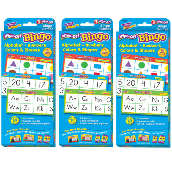 Alphabets, Number, Shapes and Colors Wipe-Off Bingo Cards, 3 Packs