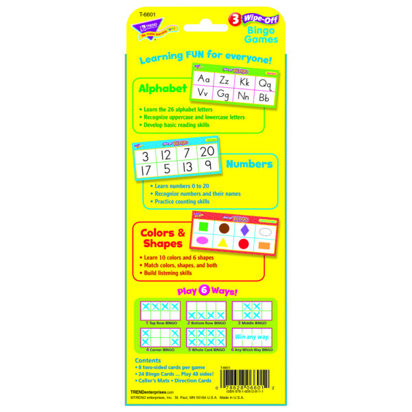 Alphabets, Number, Shapes and Colors Wipe-Off Bingo Cards, 3 Packs