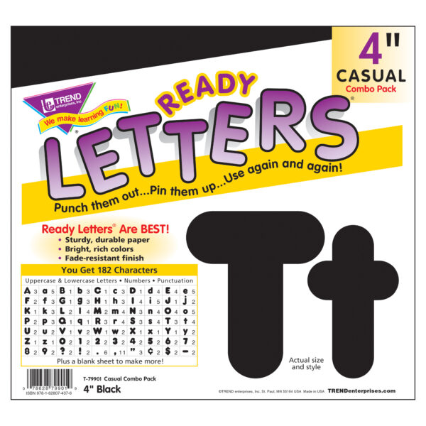 Black 4-Inch Casual Uppercase-Lowercase Combo Pack Ready Letters, 182 Per Pack, 3 Packs