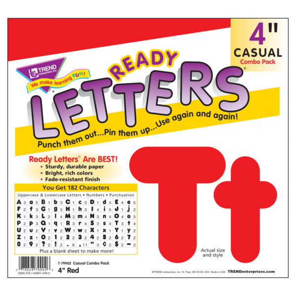 Red 4-Inch Casual Uppercase-Lowercase Combo Pack Ready Letters, 182 Per Pack, 3 Packs