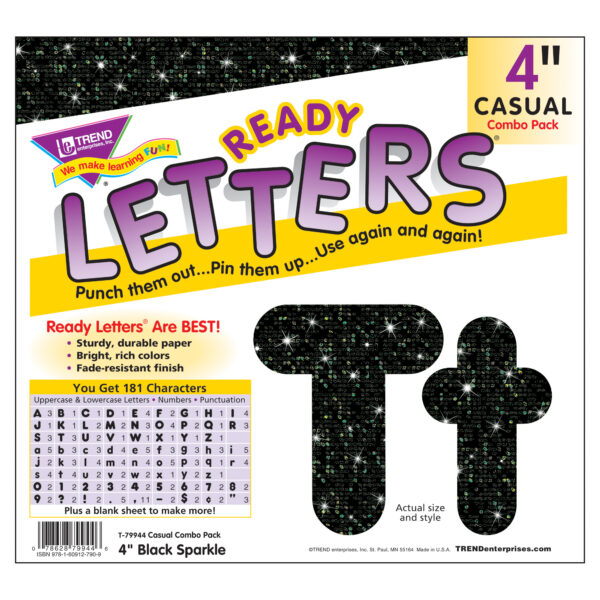 Black Sparkle 4" Casual Combo Ready Letters, 3 Packs