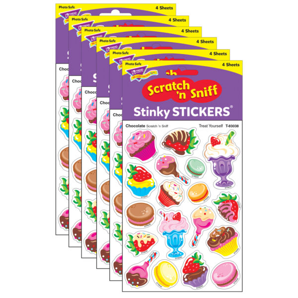 Treat Yourself-Chocolate Mixed Shapes Stinky Stickers, 72 Per Pack, 6 Packs