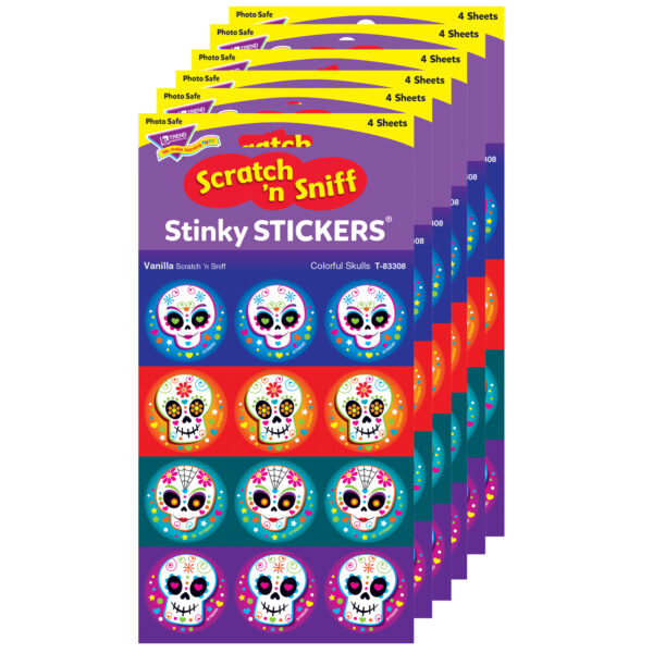 Colorful Skulls-Vanilla Stinky Stickers, 48 Per Pack, 6 Packs