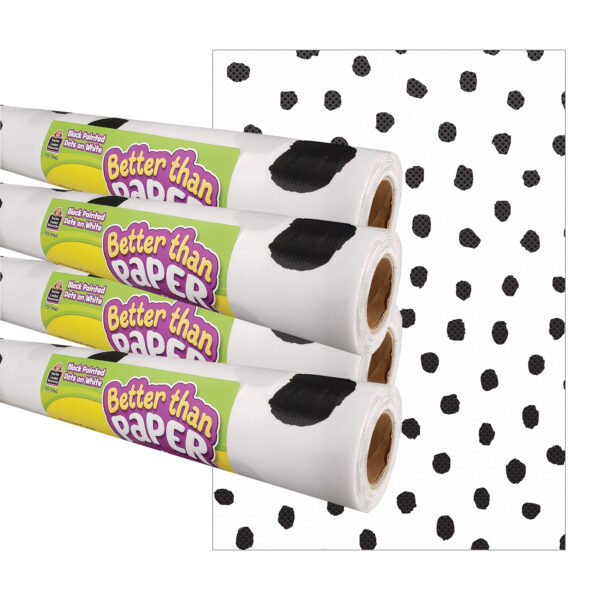 Black Painted Dots on White Better Than Paper Bulletin Board Roll, 4' x 12', Pack of 4