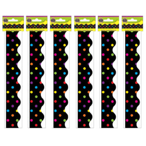 Multicolor Dots on Black Scalloped Border Trim, 35 Feet Per Pack, 6 Packs