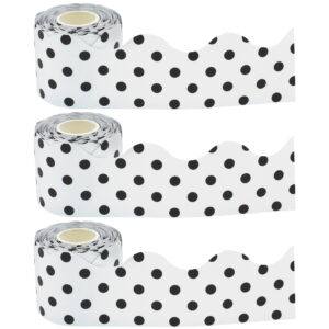 Black Polka Dots on White Scalloped Rolled Border Trim, 50 Feet Per Roll, Pack of 3