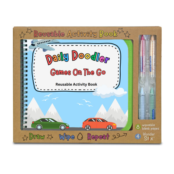 Daily Doodler Reusable Activity Book- Games On The Go, Includes 4 Wonder Stix