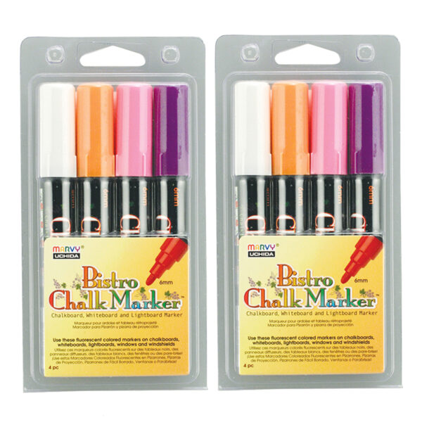 Broad Point Chalk Marker Broad Tip Set 4B, Fluorescent Colors, 4 Per Pack, 2 Packs