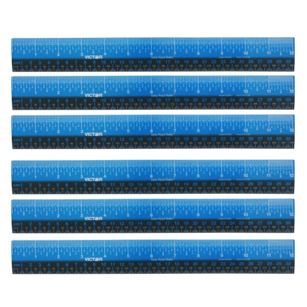 Easy Read Ruler, Plastic, Blue-Black, 12", Pack of 6