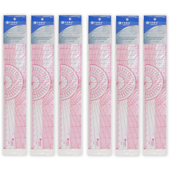 ERSACMB75-6.jpg Beveled Protractor Ruler, 12", Transparent, Pack of 6