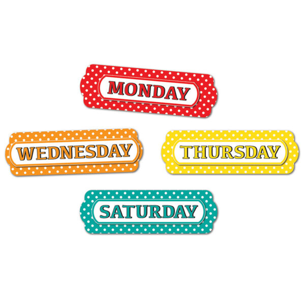 Magnetic Die-Cut Timesavers & Labels, Days of the Week, White Polka Dots On Assorted Colors, 8 Per Pack, 3 Packs