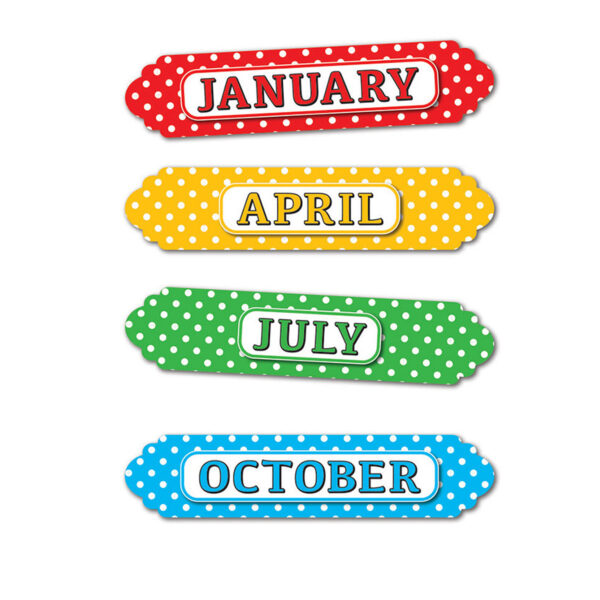 Magnetic Die-Cut Timesavers & Labels, Months of the Year, White Polka Dots On Assorted Colors, 12 Per Pack, 3 Packs