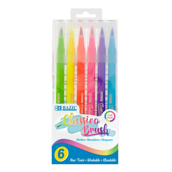 Washable Brush Markers, Fluorescent Colors, 6 Per Pack, 12 Packs