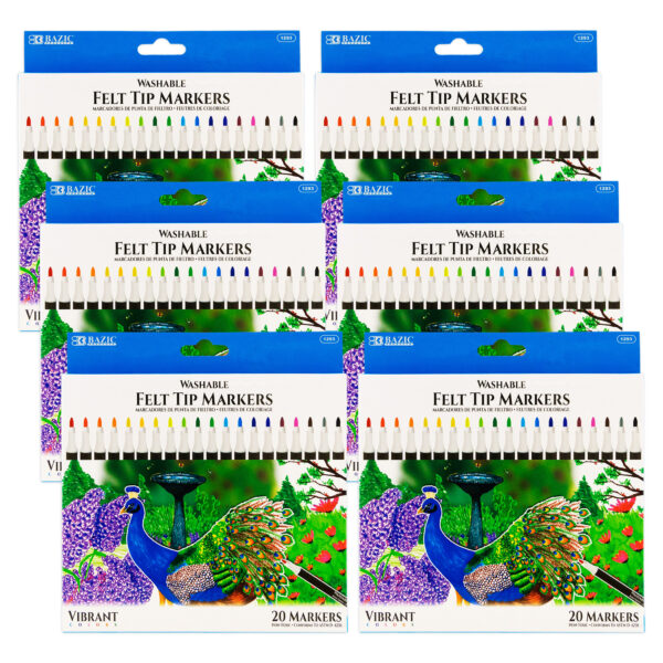 ERSBAZ1293-6.jpg Felt Tip Washable Markers, 20 Colors, 20 Per pack, 6 Packs