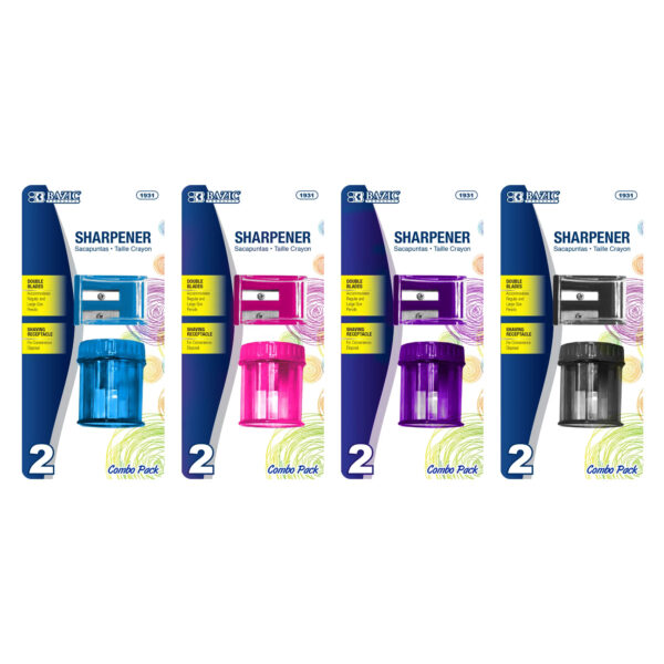 Dual Blade Square Sharpener with Receptacle & Round Receptacle Sharpener, Assorted Colors, 2 Per Pack, 24 Packs