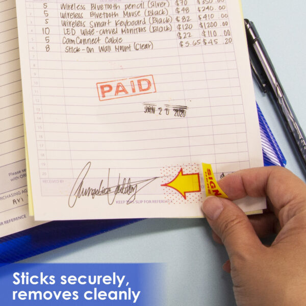 Yellow Color Printed Sign Here Flags with Dispenser, 50 Per Pack, 12 Packs