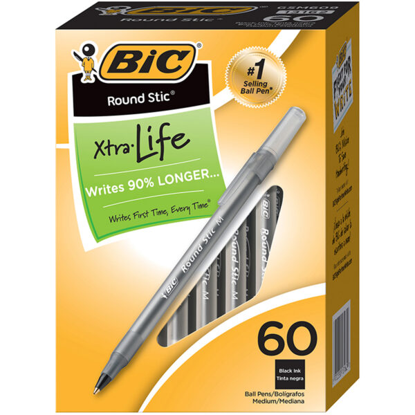 Round Stic Xtra Life Ball Pen, Black, 60 Per Pack, 2 Packs