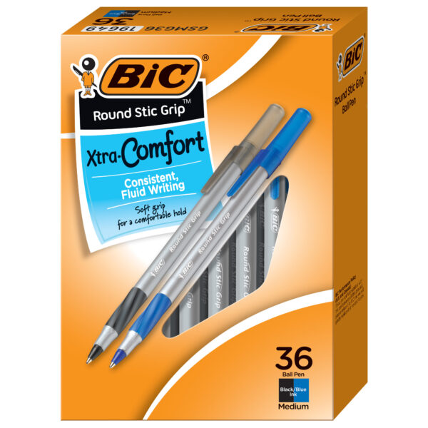 Round Stic Grip Xtra Comfort Ballpoint Pens, Medium Point (1.2mm), Assorted Colors, 36 Per Pack, 3 Packs