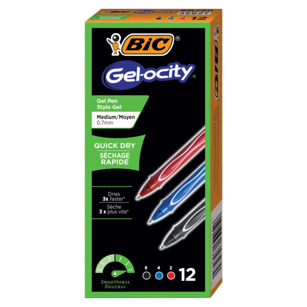 ERSBICRGLCG11AST_1.jpg Gel-ocity Quick Dry Retractable Gel Pens, Assorted Black, Blue and Red, Pack of 12