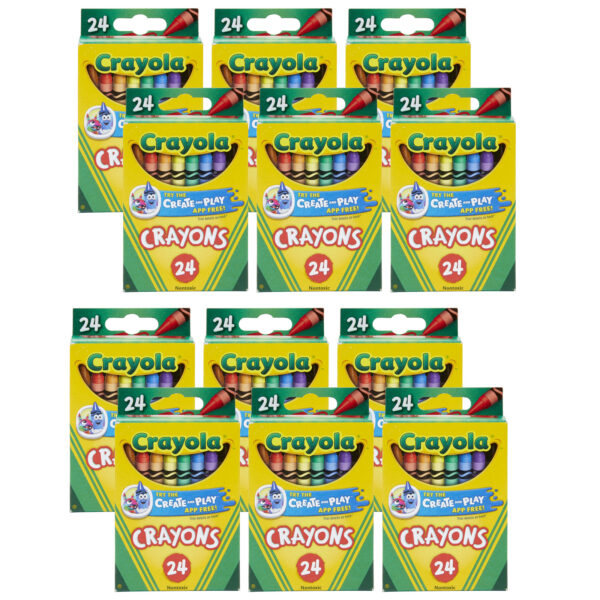 Crayons, 24ct, Create And Play, Promo Crayons, Regular Size, 24 Colors Per Box, 12 Boxes