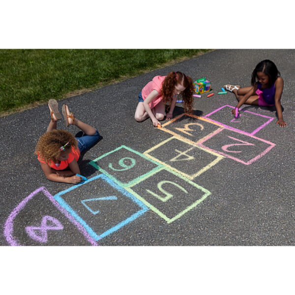 Friends drawing and playing hopscotch with 48 Count Washable Sidewalk Chalk. Washable Sidewalk Chalk, 24 Per Box, 4 Boxes