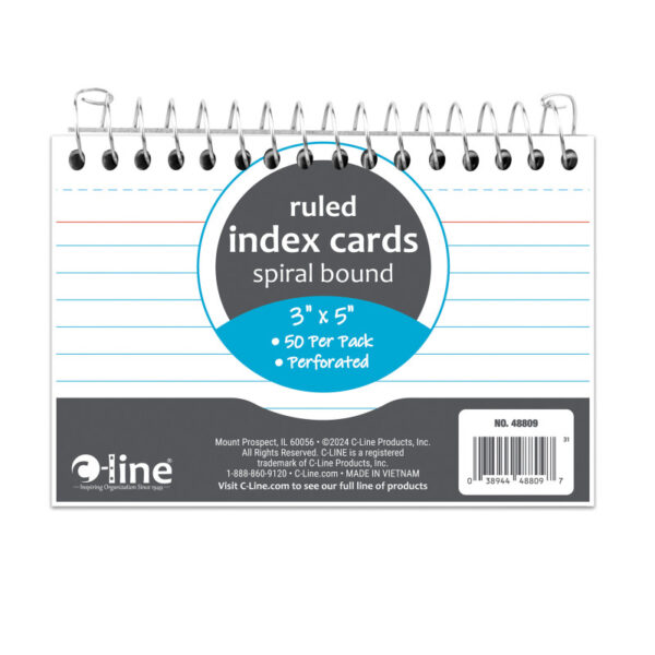 Spiral Bound Index Card Notebook, 3" x 5", 50 Cards, Ruled, Pack of 10