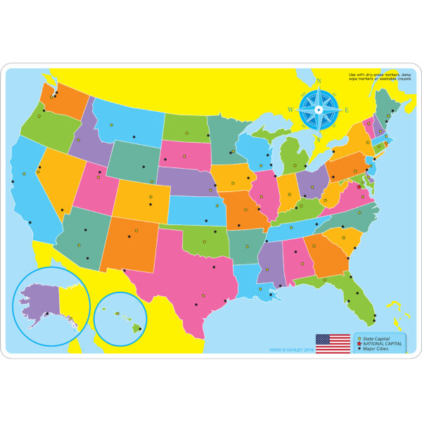 Smart Poly Learning Mats, 12" x 17", Double-Sided, U.S. Basic Map, Pack of 10