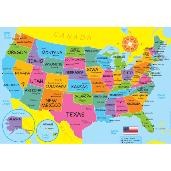 Placemat Studio Smart Poly USA Map Learning Placemat, 13" x 19", Single Sided, Pack of 10