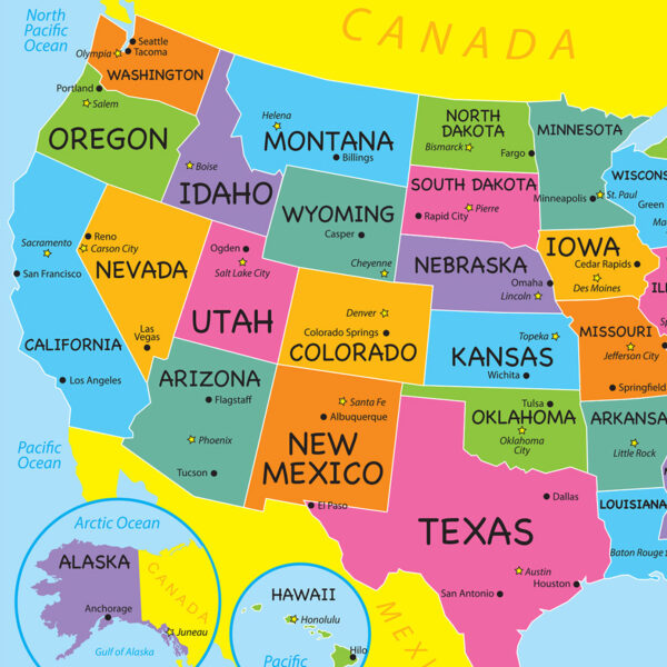 Placemat Studio Smart Poly USA Map Learning Placemat, 13" x 19", Single Sided, Pack of 10