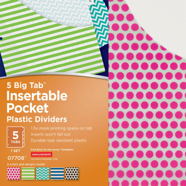 Big Tab Insertable Plastic Dividers with Pockets, 5-Tab Set, Assorted Designs, 6 Sets
