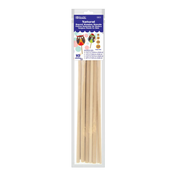 Assorted Round Natural Wooden Dowel, 10 Per Pack, 12 Packs