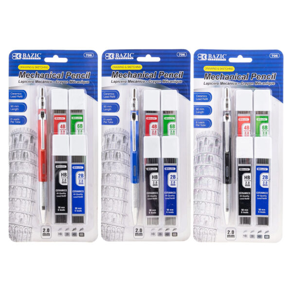 ERSBAZ706-3.jpg 2.0 mm Mechanical Pencil with HB, 2B, 4B & 6B Lead, Assorted Barrel Color, Pack of 3