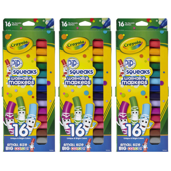 Pip Squeaks Washable Markers, Conical Tip, 16 Per Box, 3 Boxes