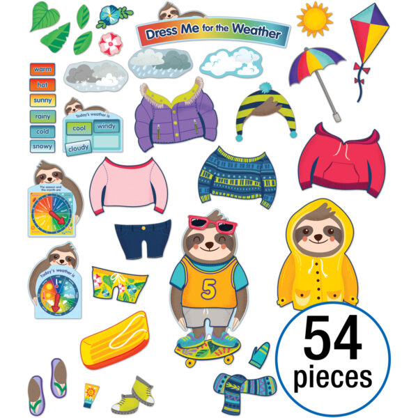 One World Sloth Dress Me for the Weather Bulletin Board Set, Grade PK-2, 54 Pieces