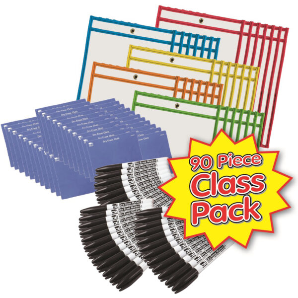 ERSCHL29190.jpg Dry Erase Pocket Class Pack, Dry Erase Pockets, Dry Erase Cloths and Dry Erase Markers, Pocket Style w-Bullet Tip, Black, 90 Pieces