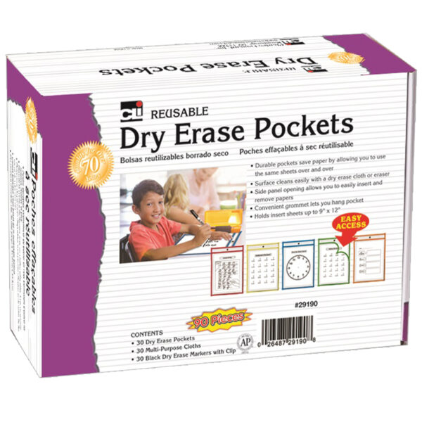ERSCHL29190_1.jpg Dry Erase Pocket Class Pack, Dry Erase Pockets, Dry Erase Cloths and Dry Erase Markers, Pocket Style w-Bullet Tip, Black, 90 Pieces