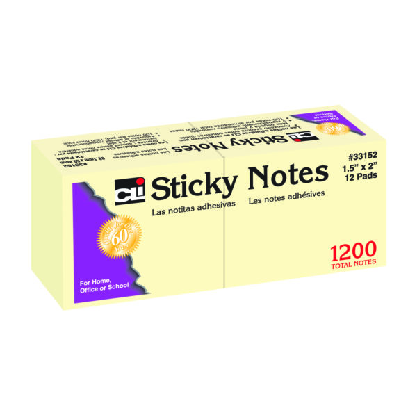 Sticky Notes, 1 1-2" x 2", Plain, 100 Sheets-Pad, 12 Pads-Pack, 12 Packs