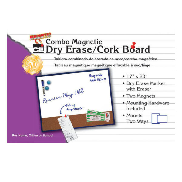 ERSCHL35415_2.jpg Magnetic Dry Erase Board with Cork Board, 17" x 23", w-Eraser-Marker and 2 Magnets, Gray Frame, 1 Each